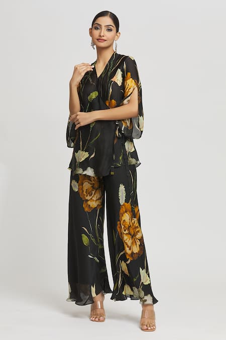 Buy Whimsical By Shica Black Organza, Satin Embroidery, Beads V-neck Floral Print Top And Pant Set Online at Aza Fashions Buy_Whimsical By Shica_Black Organza, Satin Embroidery, Beads V-neck Floral Print Top And Pant Set _Online_at_Aza_Fashions