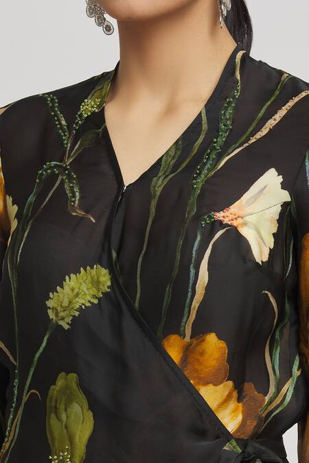 Shop Whimsical By Shica Black Organza, Satin Embroidery, Beads V-neck Floral Print Top And Pant Set Online at Aza Fashions Shop_Whimsical By Shica_Black Organza, Satin Embroidery, Beads V-neck Floral Print Top And Pant Set _Online_at_Aza_Fashions