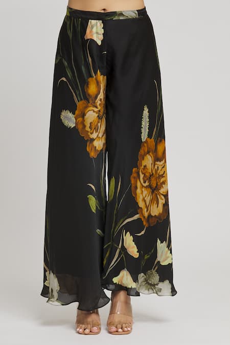 Whimsical By Shica Black Organza, Satin Embroidery, Beads V-neck Floral Print Top And Pant Set at Aza Fashions Whimsical By Shica_Black Organza, Satin Embroidery, Beads V-neck Floral Print Top And Pant Set _at_Aza_Fashions