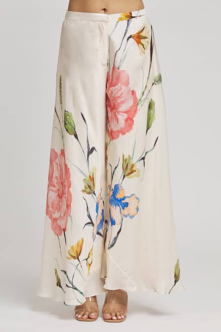 Whimsical By Shica_Black Satin Embroidery V-neck Floral Pattern Top And Pant Set _Online_at_Aza_Fashions