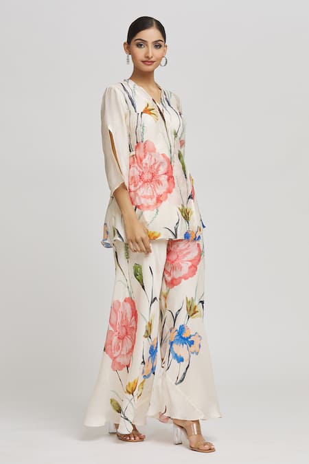 Buy_Whimsical By Shica_Black Satin Embroidery V-neck Floral Pattern Top And Pant Set _Online_at_Aza_Fashions