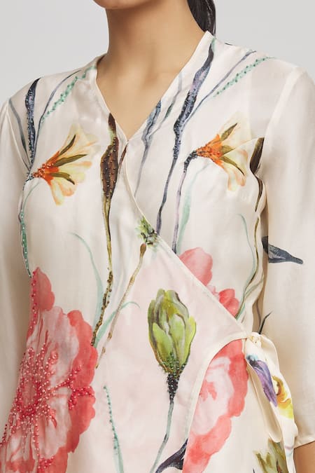 Shop_Whimsical By Shica_Black Satin Embroidery V-neck Floral Pattern Top And Pant Set _Online_at_Aza_Fashions