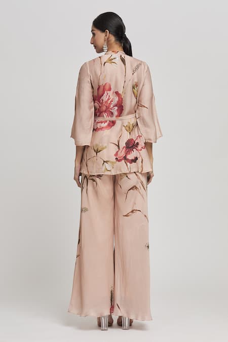 Shop Whimsical By Shica Black Organza, Satin Embroidery V-neck Flower Print Top And Pant Set at Aza Fashions Shop_Whimsical By Shica_Black Organza, Satin Embroidery V-neck Flower Print Top And Pant Set _at_Aza_Fashions