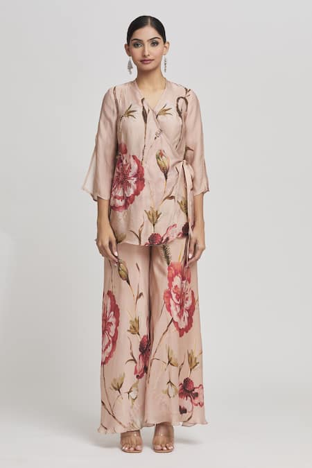 Whimsical By Shica Black Organza, Satin Embroidery V-neck Flower Print Top And Pant Set Online at Aza Fashions Whimsical By Shica_Black Organza, Satin Embroidery V-neck Flower Print Top And Pant Set _Online_at_Aza_Fashions