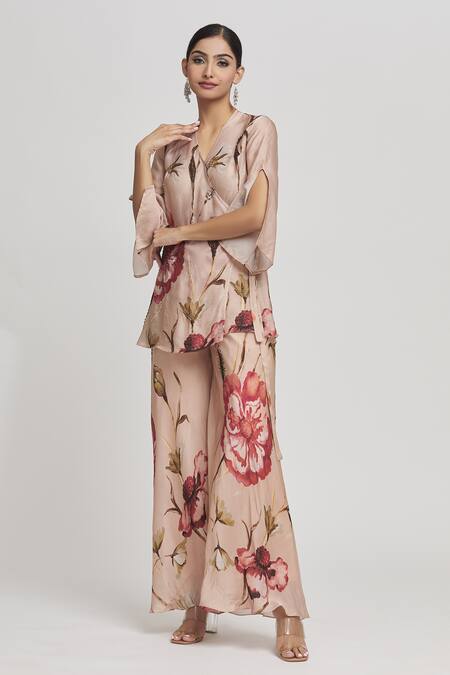 Buy Whimsical By Shica Black Organza, Satin Embroidery V-neck Flower Print Top And Pant Set Online at Aza Fashions Buy_Whimsical By Shica_Black Organza, Satin Embroidery V-neck Flower Print Top And Pant Set _Online_at_Aza_Fashions