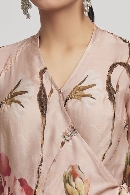 Shop Whimsical By Shica Black Organza, Satin Embroidery V-neck Flower Print Top And Pant Set Online at Aza Fashions Shop_Whimsical By Shica_Black Organza, Satin Embroidery V-neck Flower Print Top And Pant Set _Online_at_Aza_Fashions