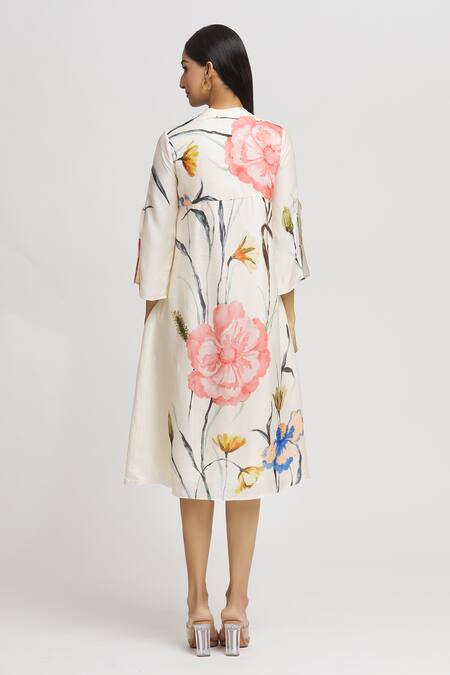 Shop_Whimsical By Shica_White Organza, Satin Embroidery, Beads V-neck Floral Print V Dress _at_Aza_Fashions