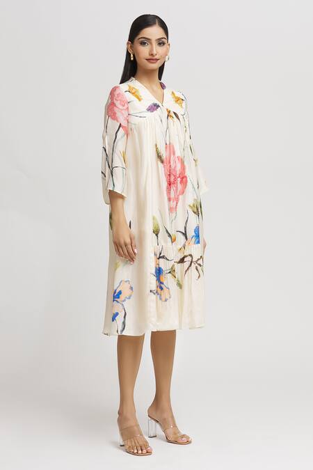 Whimsical By Shica_White Organza, Satin Embroidery, Beads V-neck Floral Print V Dress _Online_at_Aza_Fashions