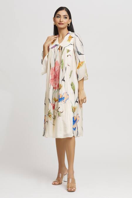 Buy_Whimsical By Shica_White Organza, Satin Embroidery, Beads V-neck Floral Print V Dress _Online_at_Aza_Fashions