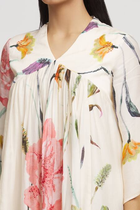 Shop_Whimsical By Shica_White Organza, Satin Embroidery, Beads V-neck Floral Print V Dress _Online_at_Aza_Fashions
