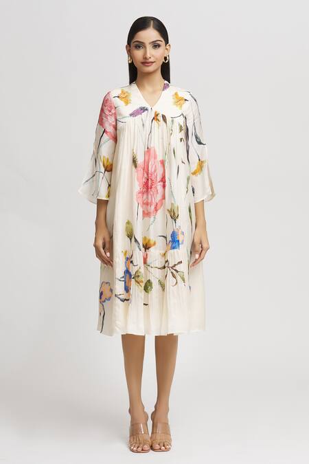 Whimsical By Shica_White Organza, Satin Embroidery, Beads V-neck Floral Print V Dress _at_Aza_Fashions