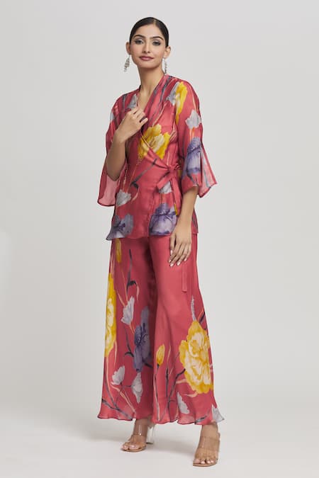Buy_Whimsical By Shica_Pink Organza, Satin Beads, Embroidery V-neck Flower Print Top And Pant Set _Online_at_Aza_Fashions