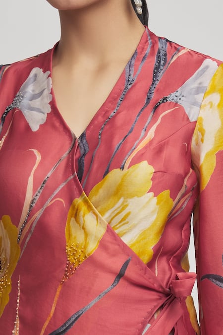 Shop_Whimsical By Shica_Pink Organza, Satin Beads, Embroidery V-neck Flower Print Top And Pant Set _Online_at_Aza_Fashions