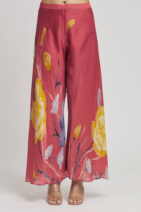 Whimsical By Shica_Pink Organza, Satin Beads, Embroidery V-neck Flower Print Top And Pant Set _at_Aza_Fashions