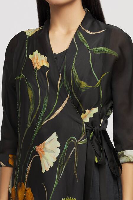 Whimsical By Shica_Black Organza, Satin Beads V-neck Floral Print Single-flap Jumpsuit _at_Aza_Fashions