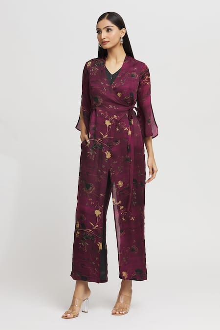 Whimsical By Shica_Magenta Organza, Satin Beads, Embroidery Floral Print Double-flap Jumpsuit _Online_at_Aza_Fashions