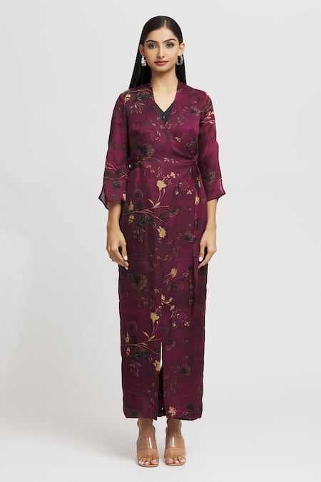 Whimsical By Shica_Magenta Organza, Satin Beads, Embroidery Floral Print Double-flap Jumpsuit _at_Aza_Fashions