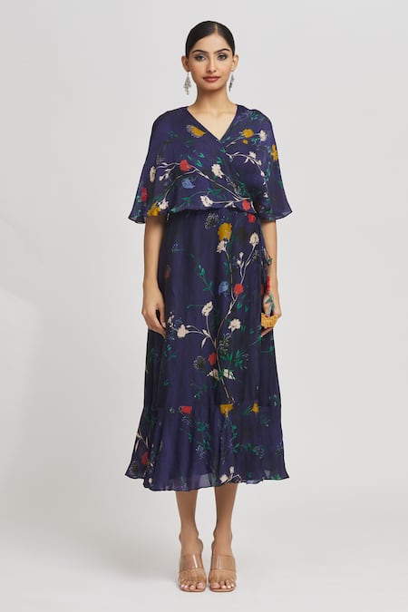 Whimsical By Shica_Blue Organza, Satin Embroidery V-neck Floral Print Wrap Dress _Online_at_Aza_Fashions