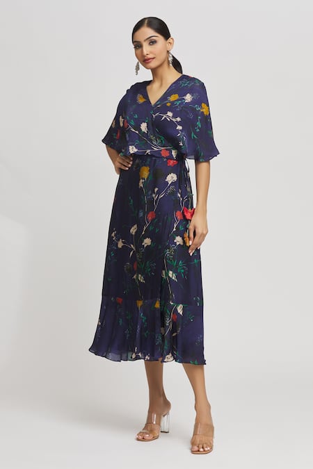 Buy_Whimsical By Shica_Blue Organza, Satin Embroidery V-neck Floral Print Wrap Dress _Online_at_Aza_Fashions