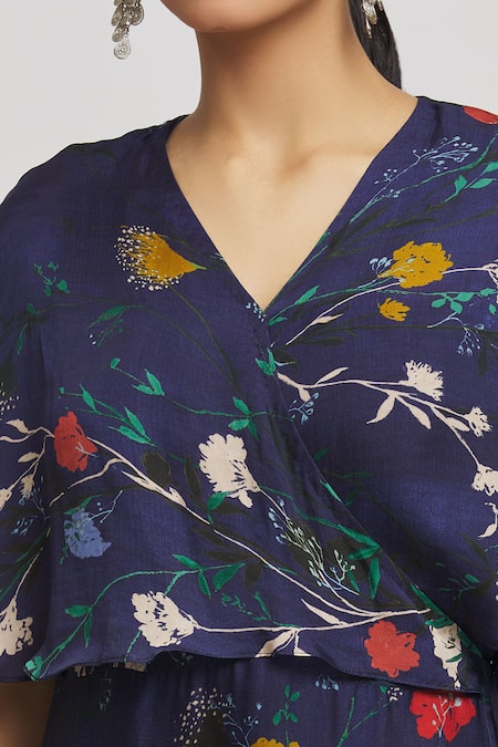 Shop_Whimsical By Shica_Blue Organza, Satin Embroidery V-neck Floral Print Wrap Dress _Online_at_Aza_Fashions