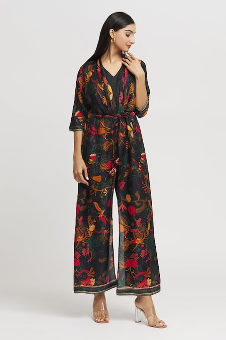 Buy_Whimsical By Shica_Black Organza, Satin Embroidery, Tassels V-neck Bird Print Double-flap Jumpsuit _Online_at_Aza_Fashions