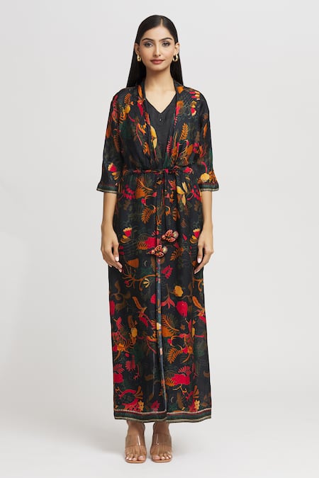 Whimsical By Shica_Black Organza, Satin Embroidery, Tassels V-neck Bird Print Double-flap Jumpsuit _at_Aza_Fashions