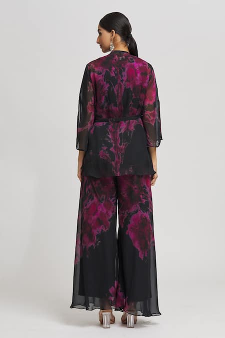 Shop Whimsical By Shica Black Organza Embroidery, Tassels V-neck Tie-dye Print Wrap Top And Pant Set at Aza Fashions Shop_Whimsical By Shica_Black Organza Embroidery, Tassels V-neck Tie-dye Print Wrap Top And Pant Set _at_Aza_Fashions