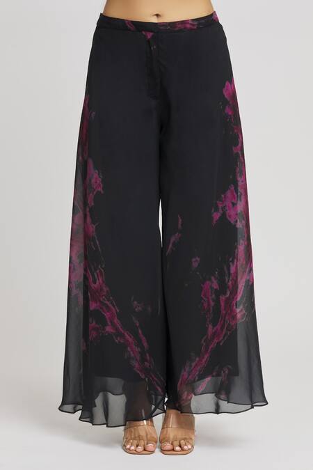 Whimsical By Shica Black Organza Embroidery, Tassels V-neck Tie-dye Print Wrap Top And Pant Set Online at Aza Fashions Whimsical By Shica_Black Organza Embroidery, Tassels V-neck Tie-dye Print Wrap Top And Pant Set _Online_at_Aza_Fashions