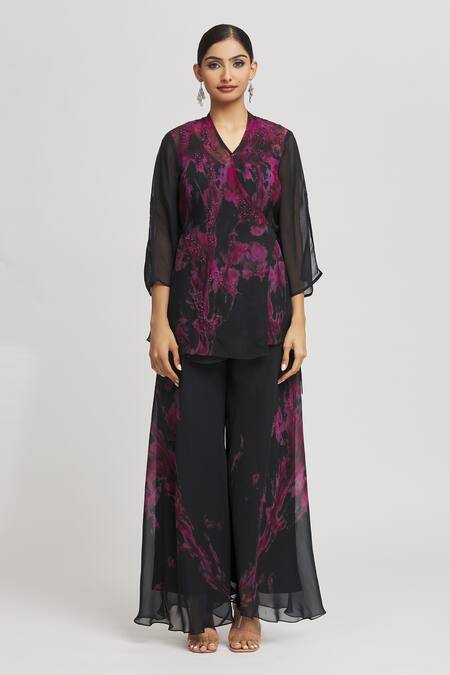 Buy Whimsical By Shica Black Organza Embroidery, Tassels V-neck Tie-dye Print Wrap Top And Pant Set Online at Aza Fashions Buy_Whimsical By Shica_Black Organza Embroidery, Tassels V-neck Tie-dye Print Wrap Top And Pant Set _Online_at_Aza_Fashions