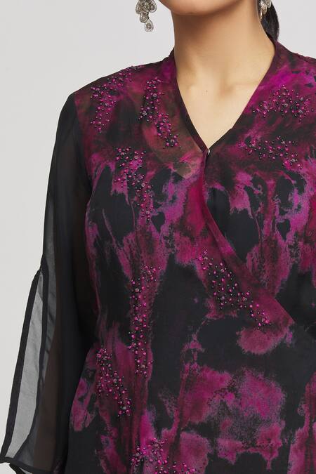 Whimsical By Shica Black Organza Embroidery, Tassels V-neck Tie-dye Print Wrap Top And Pant Set at Aza Fashions Whimsical By Shica_Black Organza Embroidery, Tassels V-neck Tie-dye Print Wrap Top And Pant Set _at_Aza_Fashions