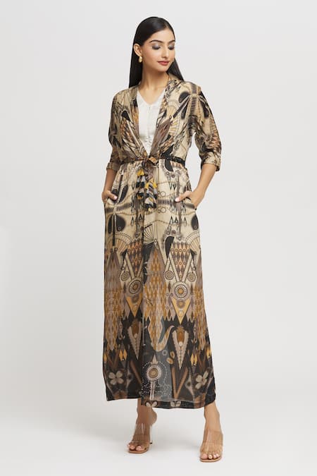 Whimsical By Shica Black Organza, Satin Tassels, Embroidery Geometric Print Double-flap Jumpsuit 