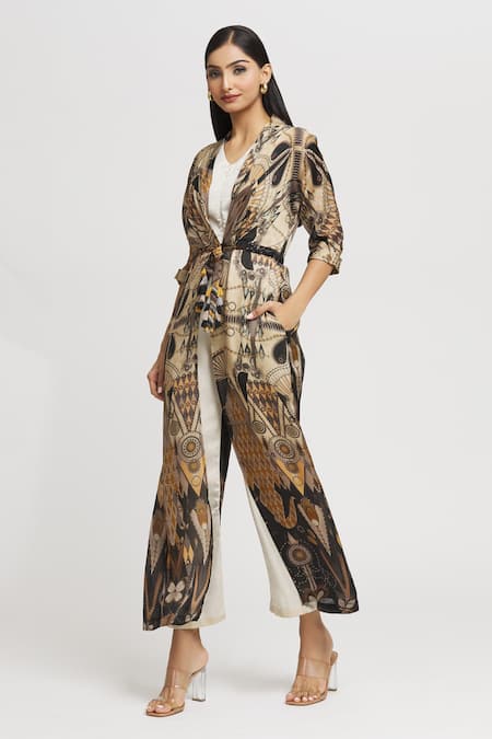 Whimsical By Shica_Black Organza, Satin Tassels, Embroidery Geometric Print Double-flap Jumpsuit _Online_at_Aza_Fashions