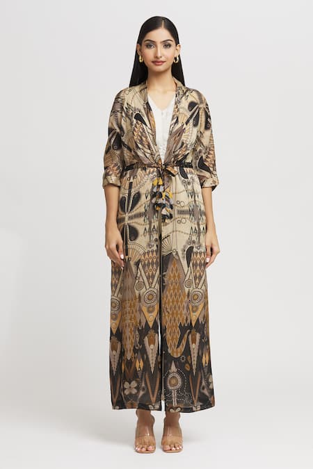 Whimsical By Shica_Black Organza, Satin Tassels, Embroidery Geometric Print Double-flap Jumpsuit _at_Aza_Fashions