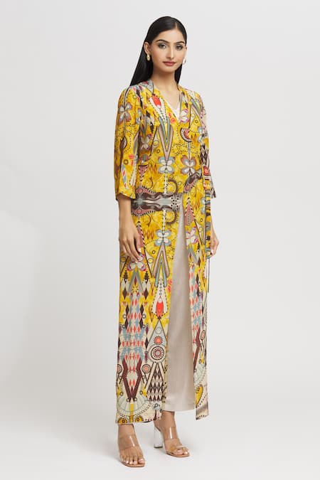Whimsical By Shica_Yellow Crepe Tassels V-neck Geometric Pattern Double-flap Jumpsuit _Online_at_Aza_Fashions