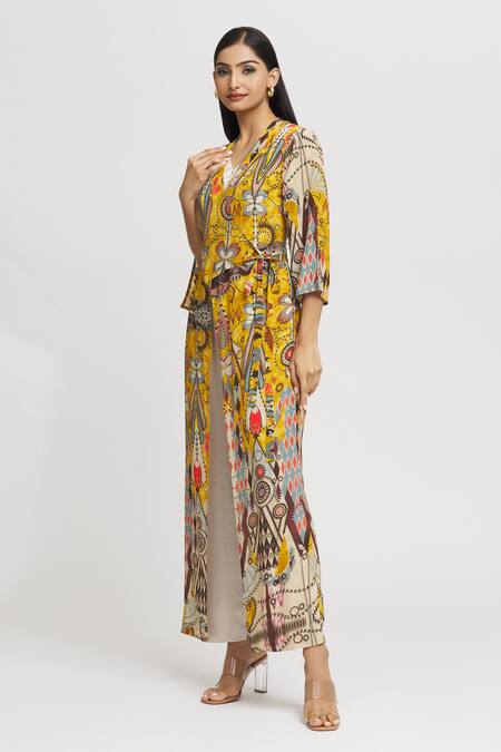 Buy_Whimsical By Shica_Yellow Crepe Tassels V-neck Geometric Pattern Double-flap Jumpsuit _Online_at_Aza_Fashions