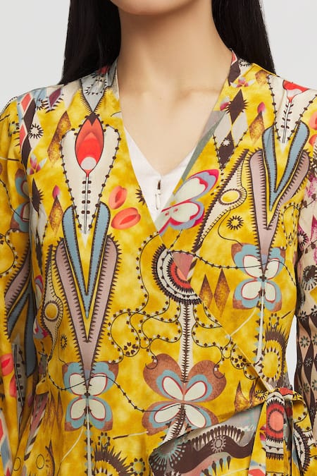 Shop_Whimsical By Shica_Yellow Crepe Tassels V-neck Geometric Pattern Double-flap Jumpsuit _Online_at_Aza_Fashions