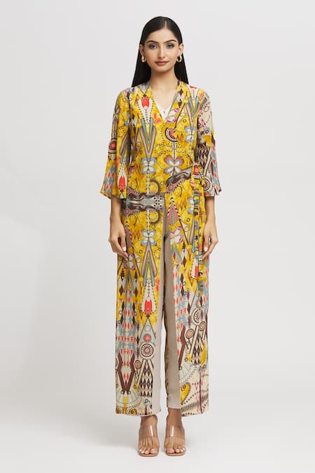 Whimsical By Shica_Yellow Crepe Tassels V-neck Geometric Pattern Double-flap Jumpsuit _at_Aza_Fashions