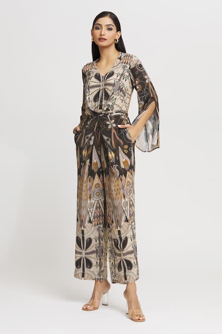 Whimsical By Shica_Black Crepe Embroidery V-neck Knotted Drape Jumpsuit _Online_at_Aza_Fashions