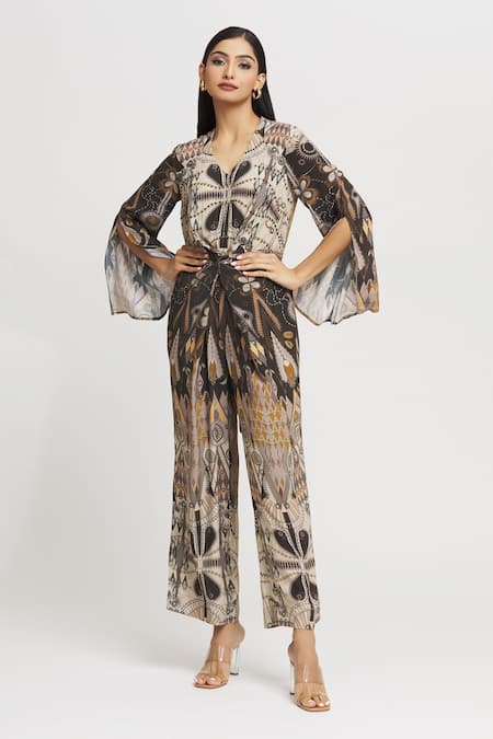 Buy_Whimsical By Shica_Black Crepe Embroidery V-neck Knotted Drape Jumpsuit _Online_at_Aza_Fashions