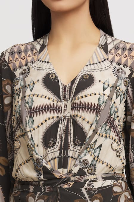 Shop_Whimsical By Shica_Black Crepe Embroidery V-neck Knotted Drape Jumpsuit _Online_at_Aza_Fashions