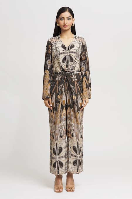 Whimsical By Shica_Black Crepe Embroidery V-neck Knotted Drape Jumpsuit _at_Aza_Fashions