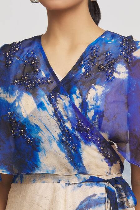 Buy Whimsical By Shica Off White Organza Crystals V-neck Brush Stroke Pattern Cape Dress Online at Aza Fashions Buy_Whimsical By Shica_Off White Organza Crystals V-neck Brush Stroke Pattern Cape Dress _Online_at_Aza_Fashions