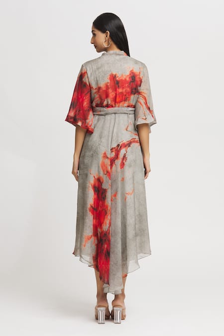 Shop_Whimsical By Shica_Grey Organza Embroidery, Crystals V-neck Brush Stroke Pattern Dress _at_Aza_Fashions