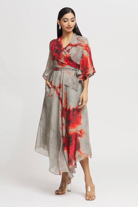 Whimsical By Shica_Grey Organza Embroidery, Crystals V-neck Brush Stroke Pattern Dress _Online_at_Aza_Fashions