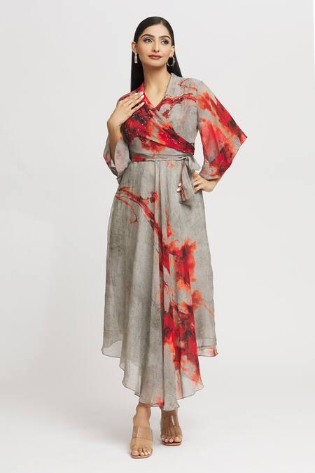 Buy_Whimsical By Shica_Grey Organza Embroidery, Crystals V-neck Brush Stroke Pattern Dress _Online_at_Aza_Fashions