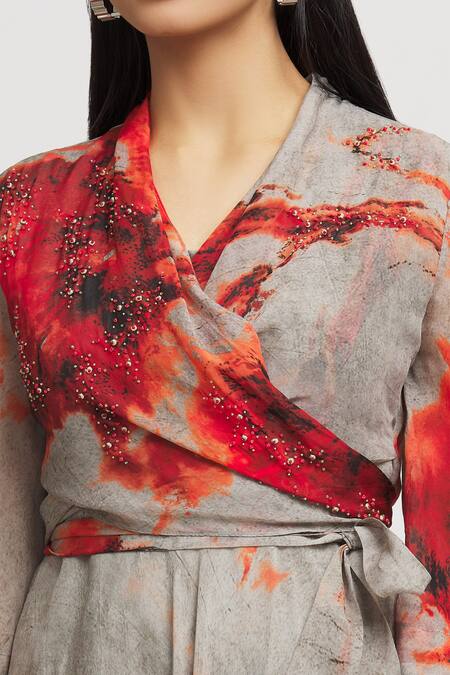 Shop_Whimsical By Shica_Grey Organza Embroidery, Crystals V-neck Brush Stroke Pattern Dress _Online_at_Aza_Fashions