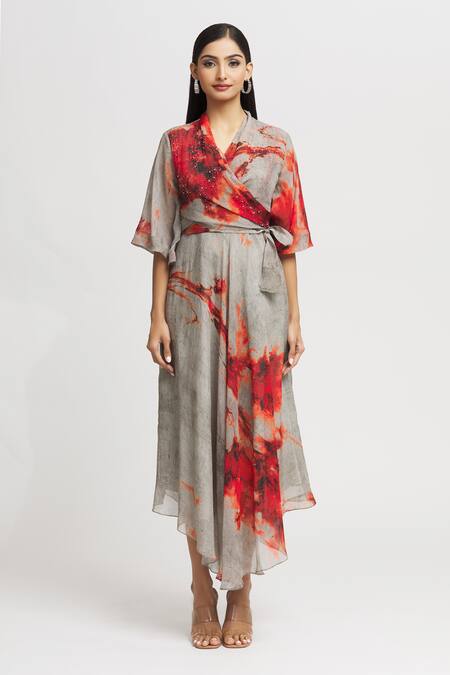 Whimsical By Shica_Grey Organza Embroidery, Crystals V-neck Brush Stroke Pattern Dress _at_Aza_Fashions