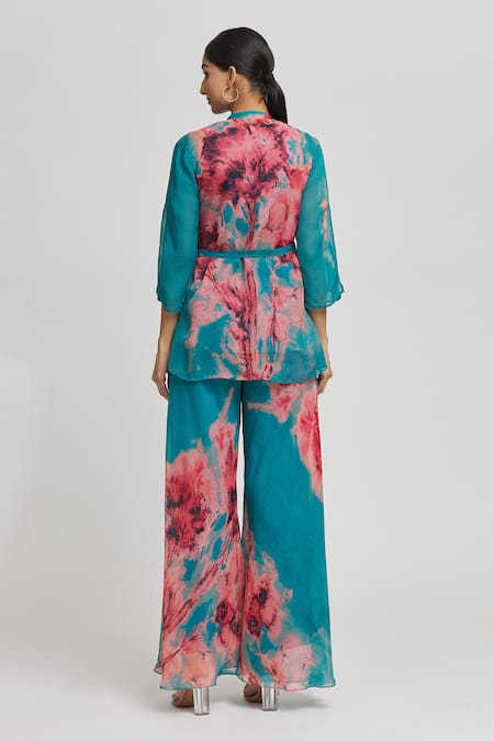 Shop Whimsical By Shica Blue Organza Embroidery, Crystals Brush Stroke Pattern Two Tone Top With Pant at Aza Fashions Shop_Whimsical By Shica_Blue Organza Embroidery, Crystals Brush Stroke Pattern Two Tone Top With Pant _at_Aza_Fashions