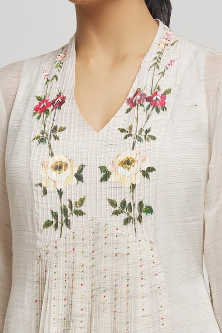 Whimsical By Shica_Ivory Cotton, Silk Embroidery V-neck Floral Pattern Bodice Dress _Online_at_Aza_Fashions