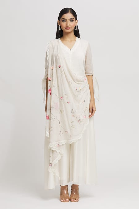 Whimsical By Shica_Ivory Cotton, Silk Embroidery V-neck Draped Jumpsuit _Online_at_Aza_Fashions
